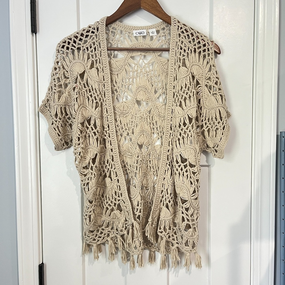 Cato Womens Crochet Fringe Boho Open Cardigan Sweater Size S Indie Festival